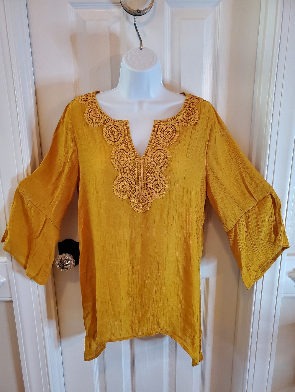 Robert Louis Mustard Yellow Crochet Lace Boho Tunic Bell Sleeve Top